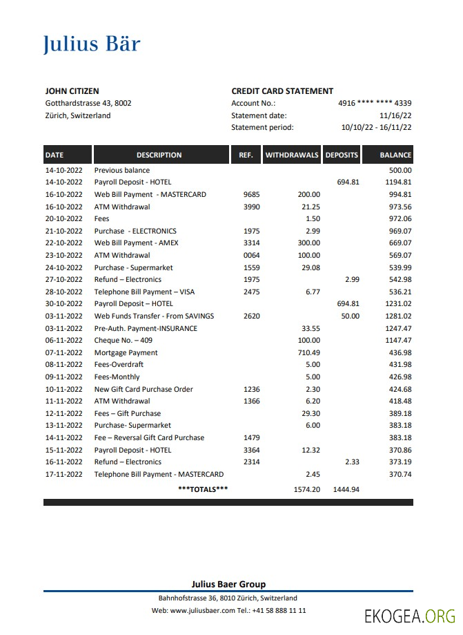 Relevé bancaire Suisse Julius Bar xls